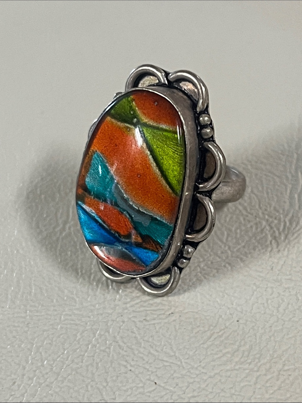 Sterling Silver Multicolor Oval Inlay Ring - Orange, Blue & Green